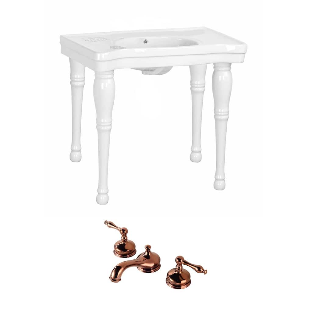 White Console Bathroom Sink 35.5 W Wall Mount Sink with Pedestal Legs, Overflow, Rose Gold 8 Faucet and Drain