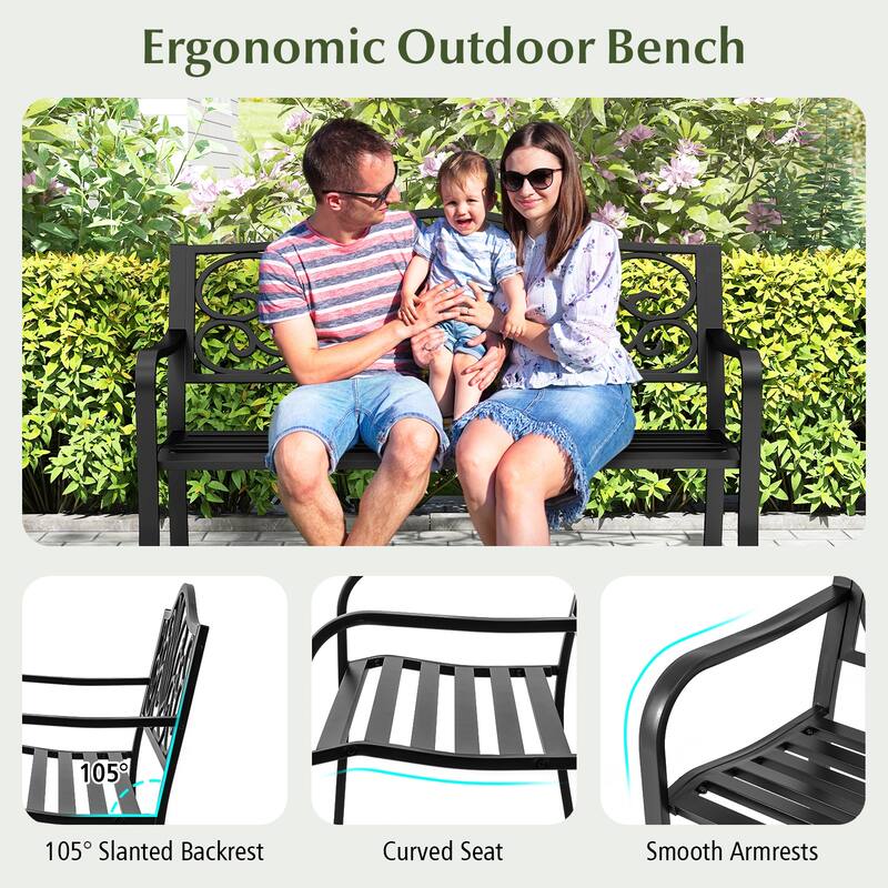 Gymax 2-person Metal Bench w/ Floral Pattern Slanted Backrest Slatted