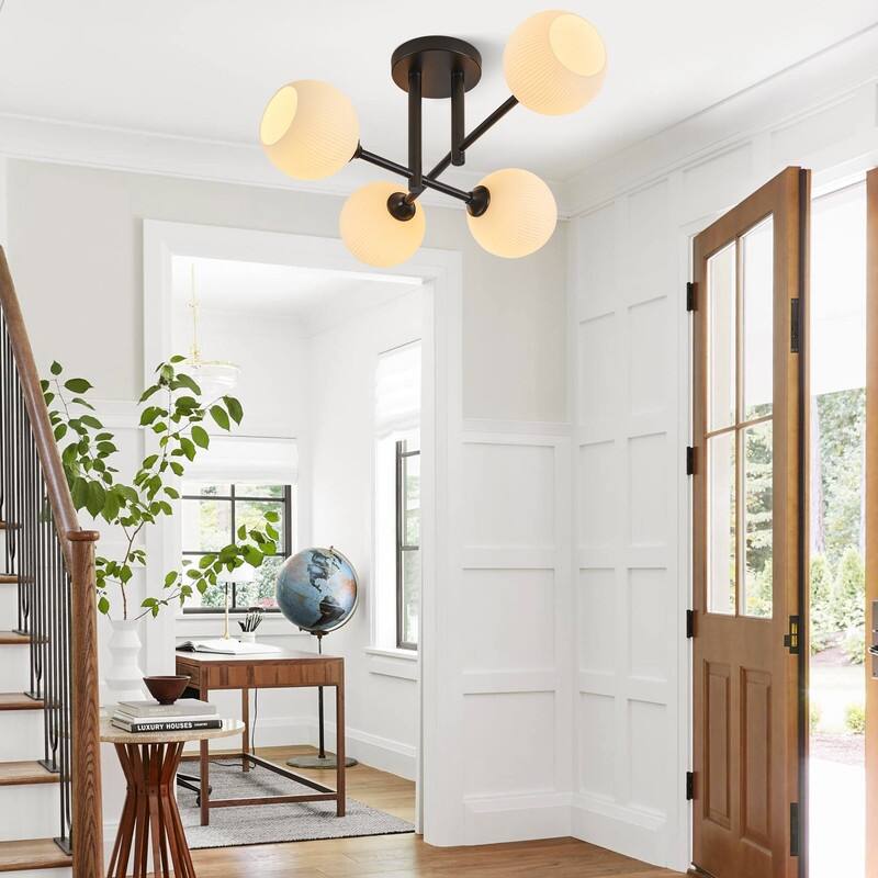 KAWOTI 4-light Modern Semi-flush Mount with Frosted White Ribbed Glass Shade - L23" * W18" * H9.63"