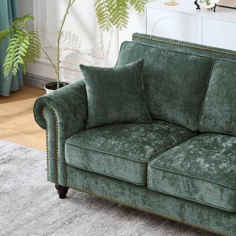 Modern Rolled Arm Chenille Sofa, 2-Seater Green Couch with Nailhead Trim, for Living and Room Apartment