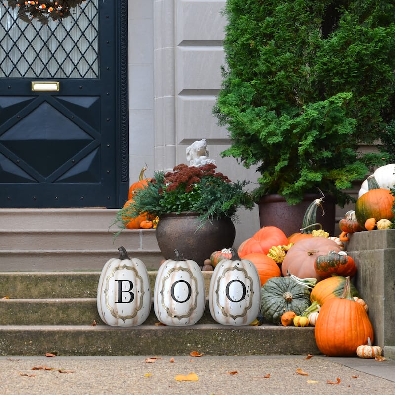 National Tree Company Halloween White Pumpkin BOO Sign Decoration, 13 Inches