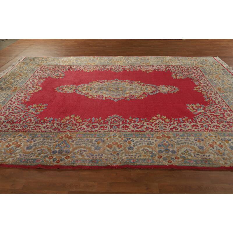 Hand Knotted Oriental 100% Wool Carpet Traditional Floral Pink Kerman Area Rug - 11' 11'' X 8' 6''