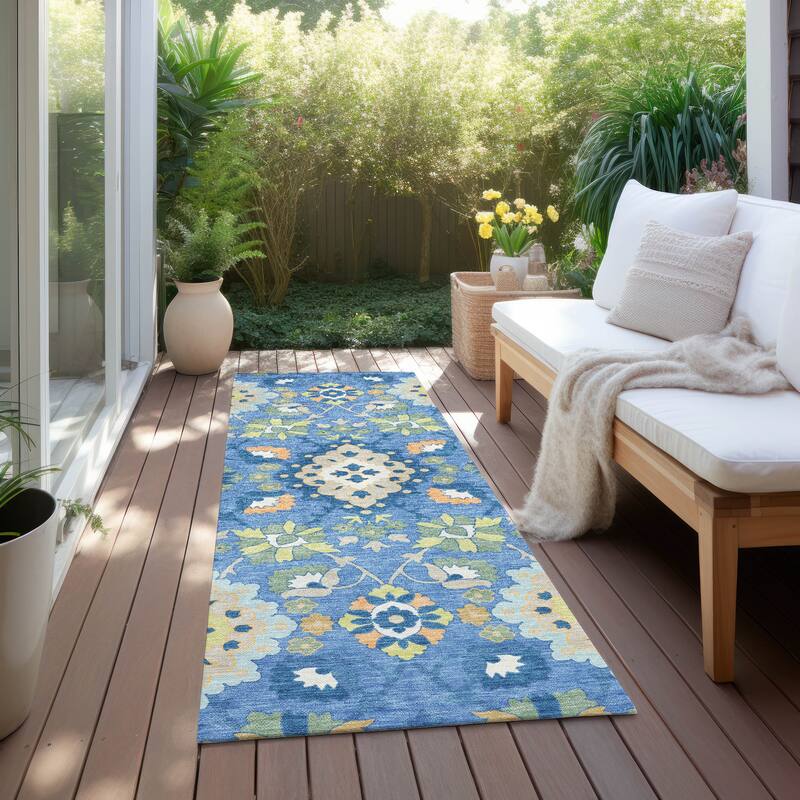 Machine Washable Indoor/ Outdoor Boho Traditional Chantille Rug - Blue - 2'3" x 7'6"