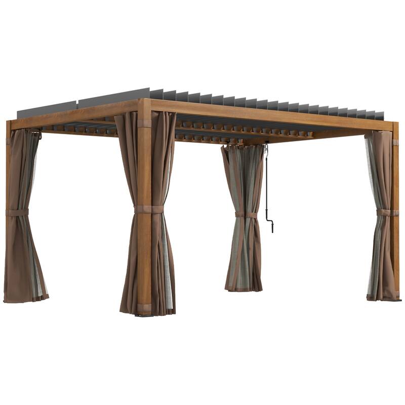 Outsunny 13' x 10' Outdoor Retractable Pergola with Sun Shade Aluminum Louvered Top, Pergola with Canopy, Curtains, and Netting