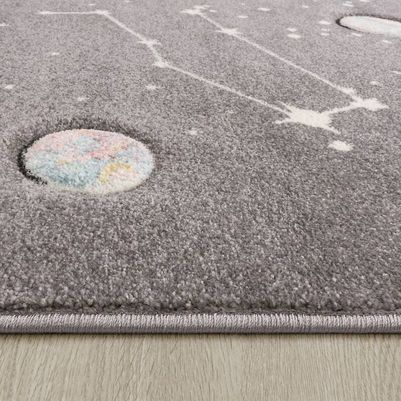 Space Rug for Kids Colorful Galaxy with Planets and Stars in Grey