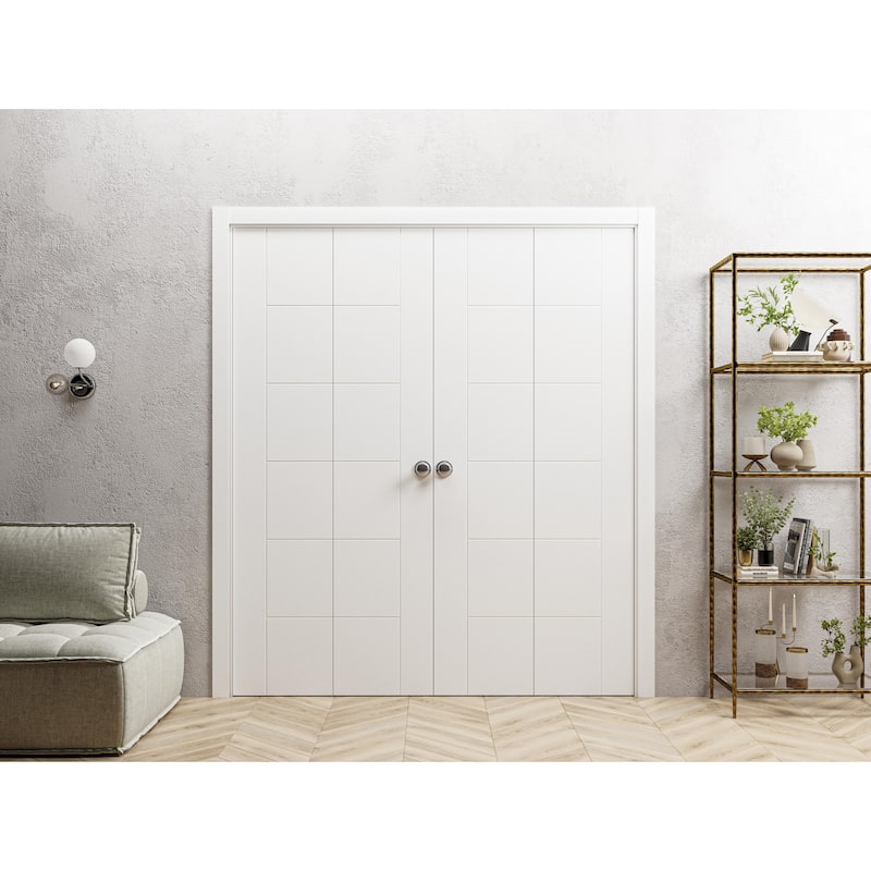 Sliding Closet Double Bi-fold Doors | Mela 0716 Painted White | Sturdy Tracks Moldings Trims | Wood Solid Bedroom Wardrobe