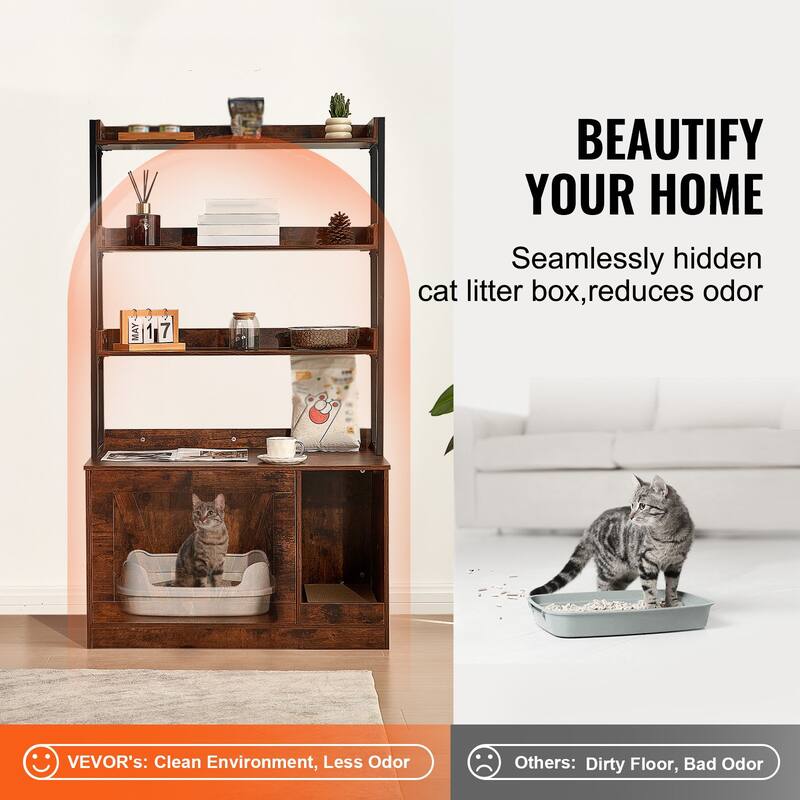 Dark Brown Wooden Cat Litter Box Enclosure Furniture with 3 Shelves and 2 Doors