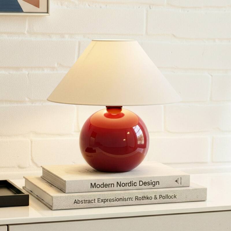 Brightech Fiona LED Glossy Red Ceramic Midcentury Round Globe Bedside Nightstand Desk Lamp with Cream Cotton Empire Shade