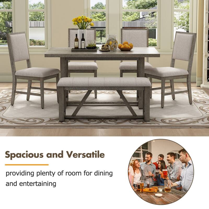 Casual Dining Table Set Gray Wooden Dining Table Set Mid-Century Modern Dining Table Set with 4 Upholstered Chairs and Bench