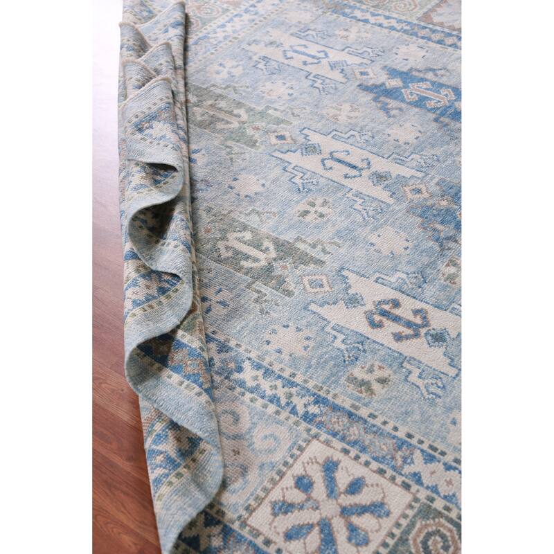 Hand Knotted Oriental 100% Wool Carpet Transitional Geometric Navy Blue & Blues Oushak Area Rug - 11' 2'' X 7' 11''