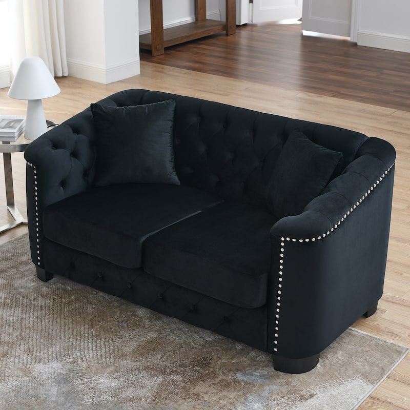 Black 59'' Modern Velvet 2-Seater Sofa with Tufted Backrests, Nailhead Trim, and 2 Pillows