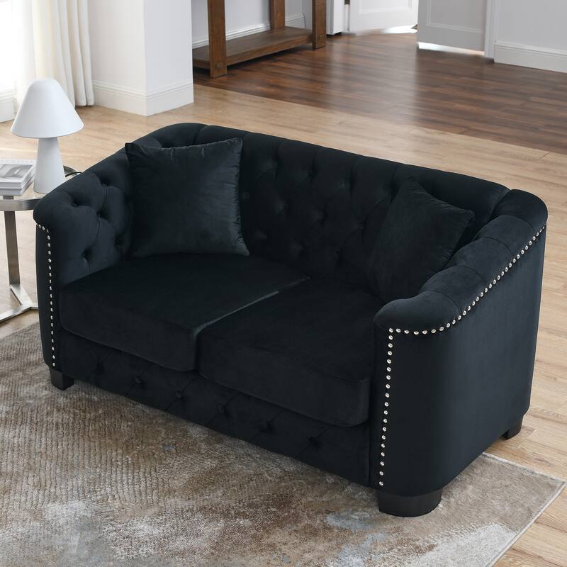 Modern Velvet Loveseat Sofa Upholstered Couch with Tufted Backrest, Nailhead Armrests and Removable Cushions for Living Room