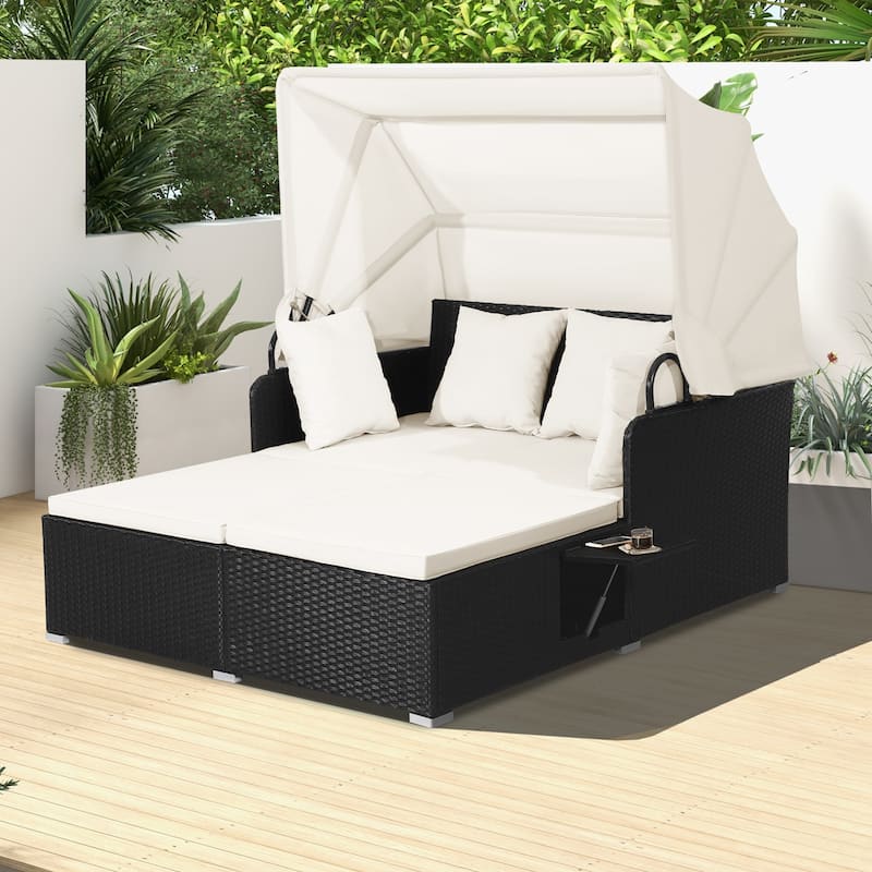 Costway Patio Rattan Daybed Lounge Retractable Top Canopy Side Tables - See Details