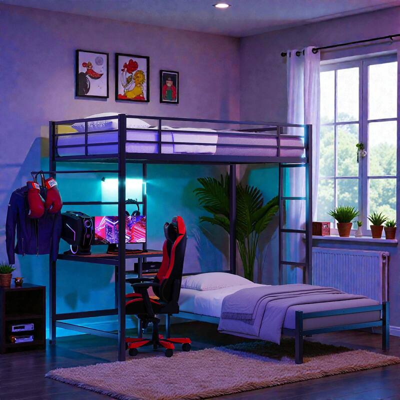 Twin Over Twin Metal Bunk Bed with L-Shaped Desk, Storage Shelves and Drawers, Loft Bunk Bed with Guardrail