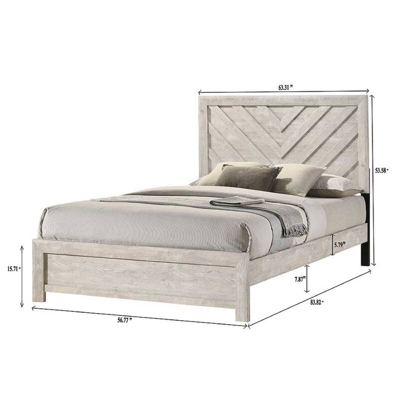 Queen Size Wooden Platform Bed with Geometric Chevron Pattern Headboard