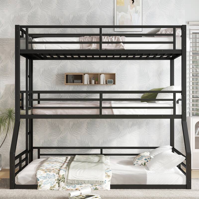 Roomfitters Twin over Twin over Full XL Metal Triple Bunk Bed with Safety Guardrails, Heavy-Duty Noise-Reduced Frame, Black