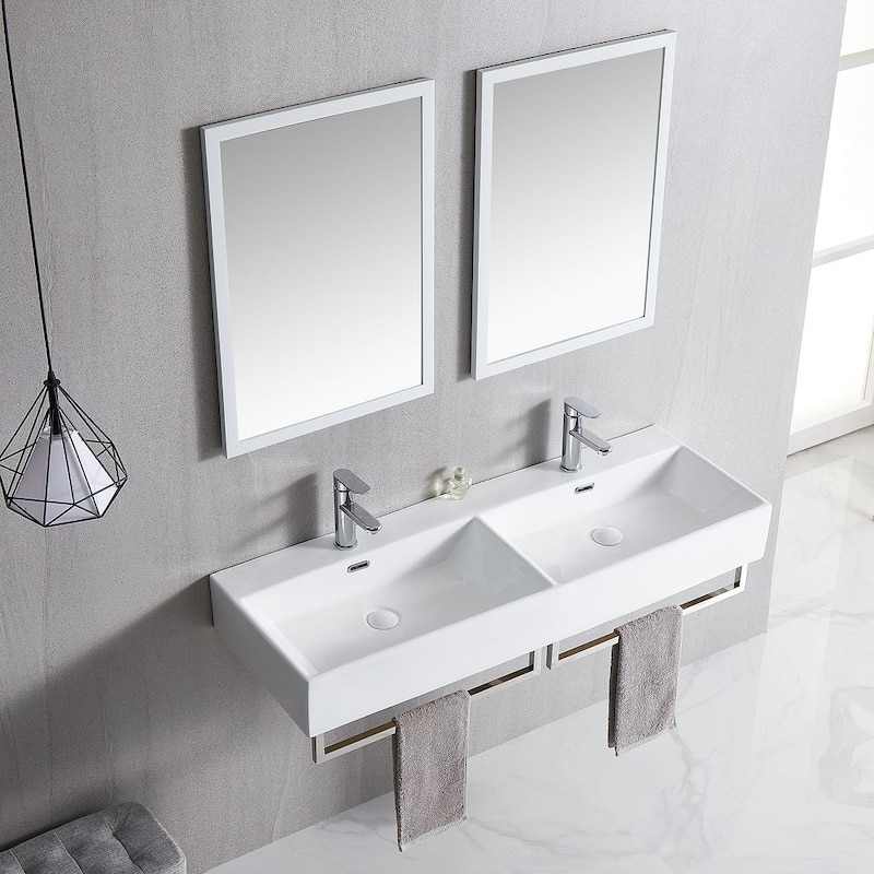 48-Inch Bathroom Dual Basin Trough Sink with Towel Racks - 47.8" x 16.5" x 5.7"