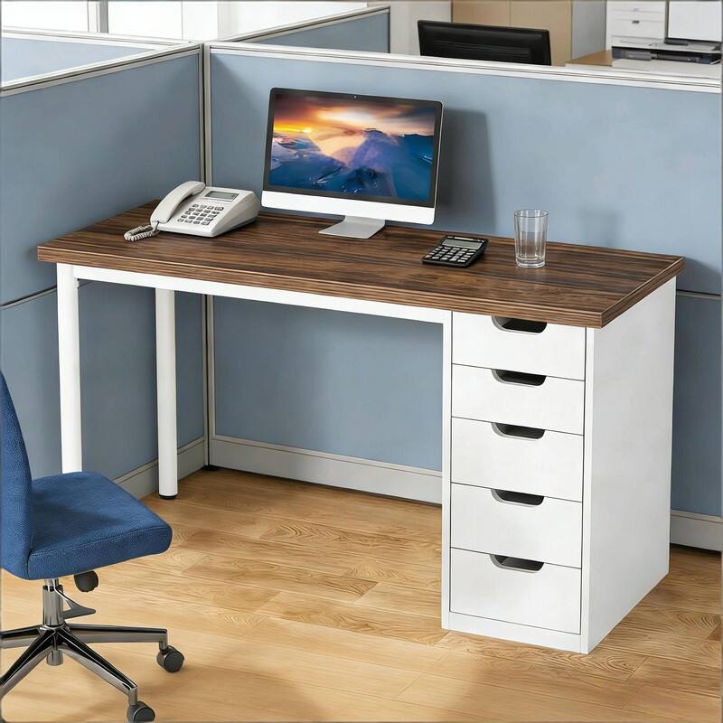 47" Home Office Writing Desk with 5 Drawers, Engineered Wood Top and White Metal Legs