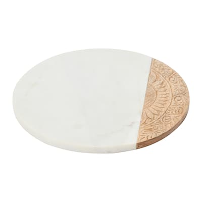 Contemporary Mango Wood and Marble Serving Board with Engraved Design