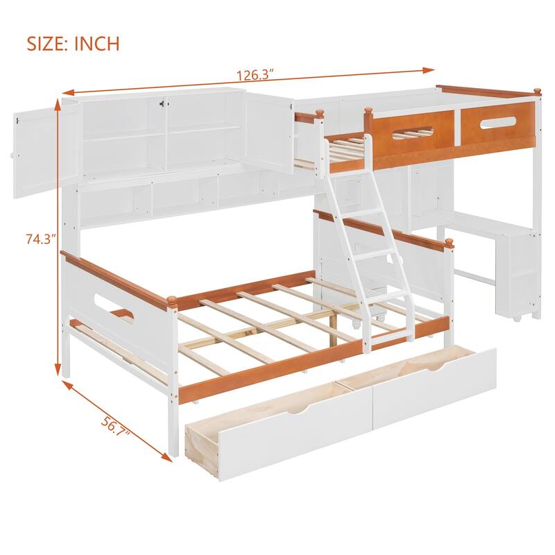 Twin Over Full Wooden Bunk Bed with Desk, Drawers, Shelves, and LED Light