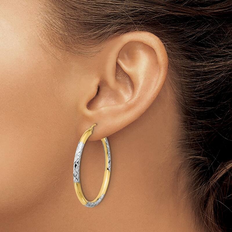 Curata 14k Yellow Gold Rhodium Sparkle Cut Hoop Earrings - 40x40mm