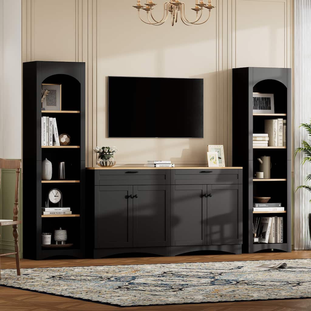 3-Piece, Farmhouse-Style TV Stnad, for TVs up to 70 Inches with Storage Cabinets, Bookshelves, for Living Rooms, Black