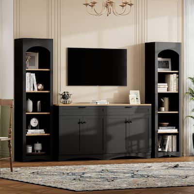 Roomfitters Rustic 3-Piece Entertainment Center for TVs up to 70", Mid-Century TV Stand with Bookshelves and Sideboard Storage