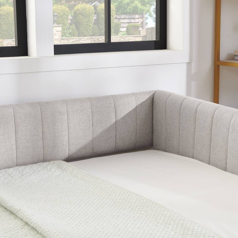 Twin/Full Size Daybed with Trundle, Upholstered Sofa Bed with Vertical Stripes, Linen Fabric, Comfortable Seating for Bedroom