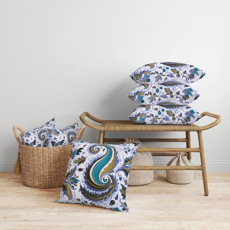 Blue And Olive Lavish Paisley Faux Suede Throw Pillow Zipper