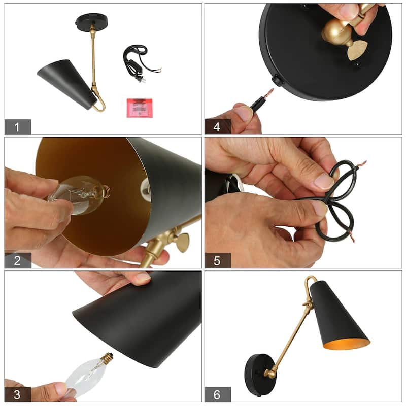 Modern Industrial Black Gold Plug-in Adjustable 1-Light Wall Sconces