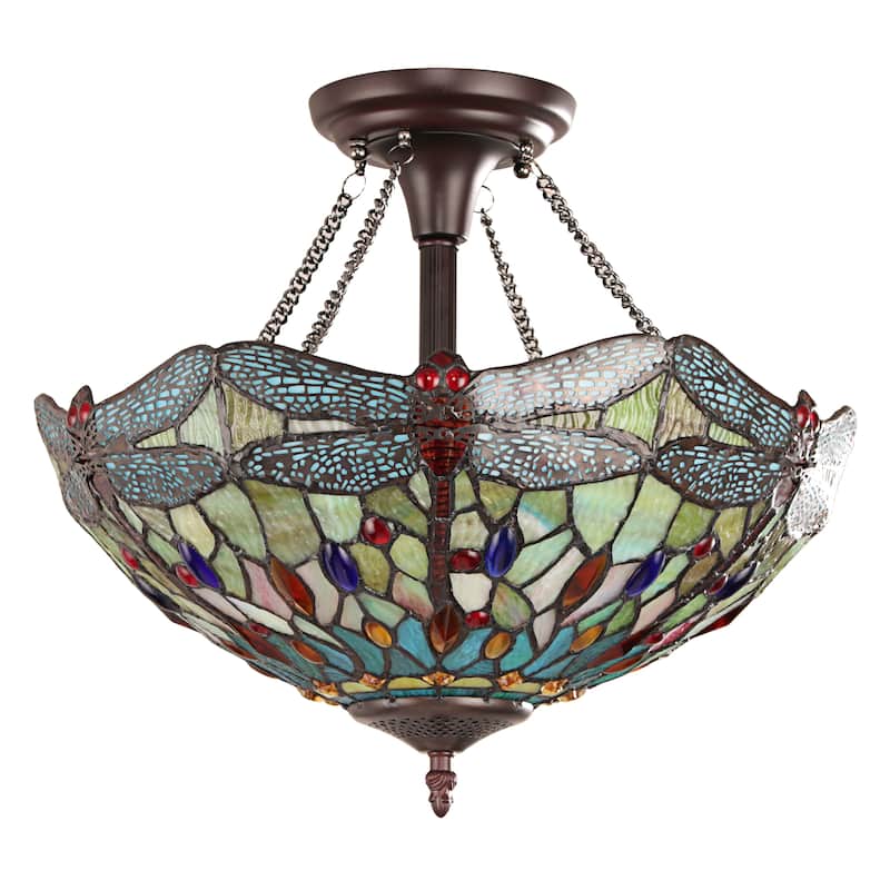 Tiffany-Style Dragonfly Design 2-light Dark Bronze Semi-Flush Mount