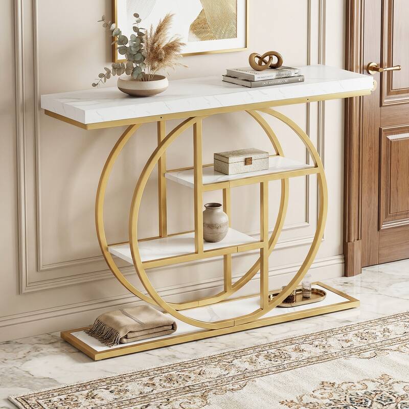 Gymax 4-Tier Console Table w/Storage Shelves Circle Base Accent Behind