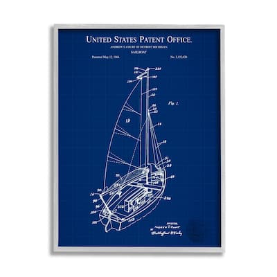 Stupell Sailboat Watercraft Blue Patent Office Diagram Blueprint Framed Wall Art