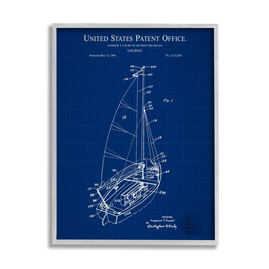 Stupell Sailboat Watercraft Blue Patent Office Diagram Blueprint Framed Wall Art