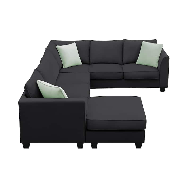112'' Spacious L-Shaped 7 Seat Modular Sectional Sofa with Ottoman, 3 Pillows, Sturdy Wood and Iron Frame