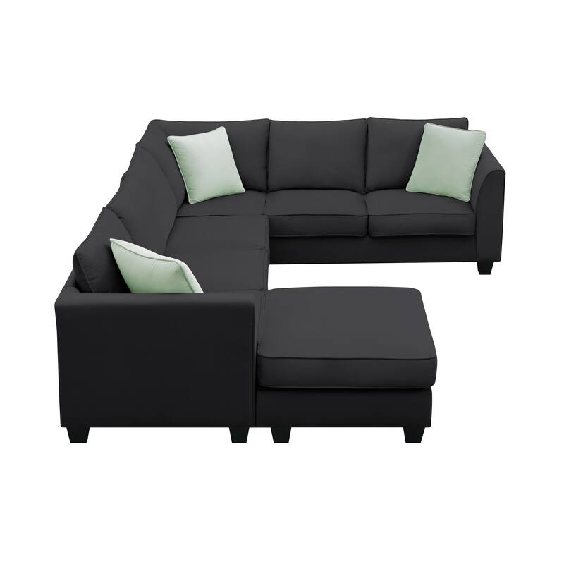 Black 112'' Spacious L-Shaped 7-Seat Modular Sectional Sofa with Ottoman and 3 Pillows, Durable Wood and Iron Frame