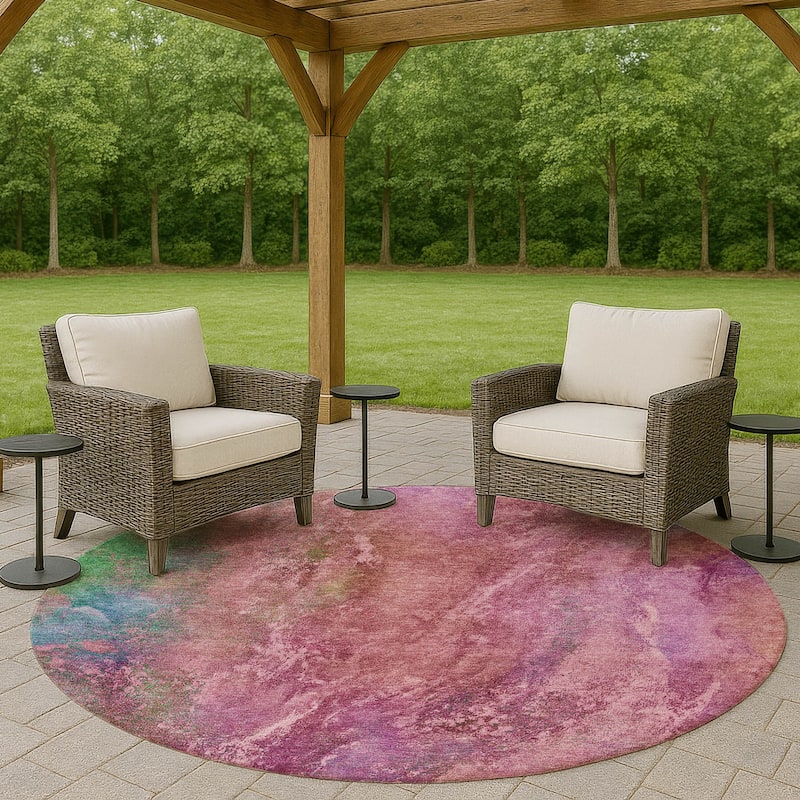 Machine Washable Indoor/ Outdoor Abstract Watercolor Chantille Rug - Blush - 8' x 8'