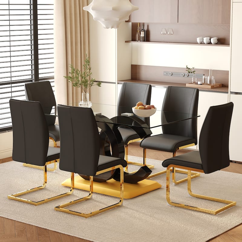 Luxury 7-Piece Dining Table Set 63-Inch Rectangular Glass Table with 6 Faux Leather Chairs Modern Kitchen Dining Table Set for 6