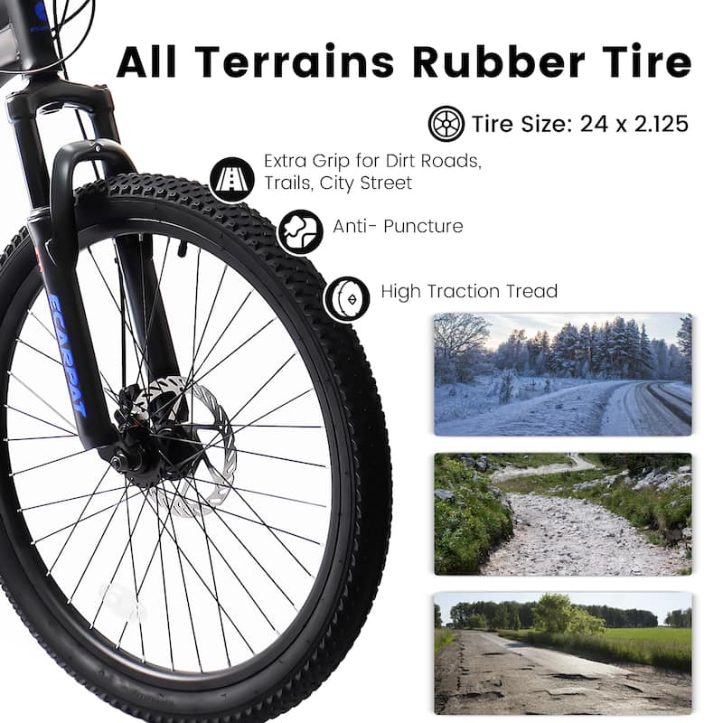 24 Inch Mountain Bike with Full Suspension,21 Speed Grip Shifters,High Carbon Steel Frame, Mechanical Disc Brakes