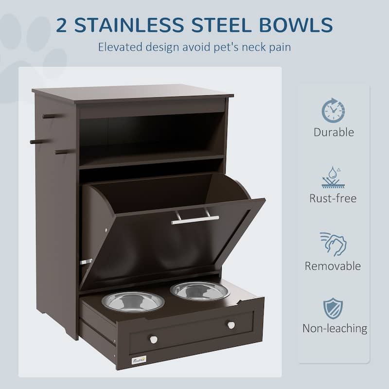 Pet Feeder Station Storage Cabinet, Dog Food Container with Dog Raised Bowls and Hanger for Feeding & Watering Supplies
