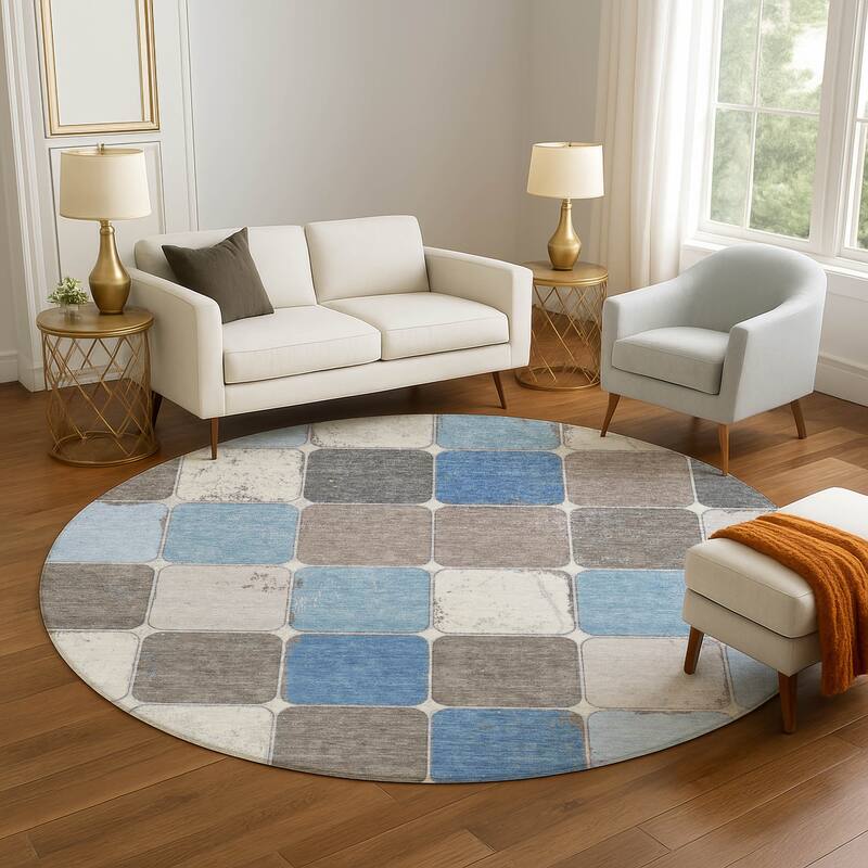 Premium Washable Super Soft Modern Blocks Mayfield Rug - Blue - 8' x 8'
