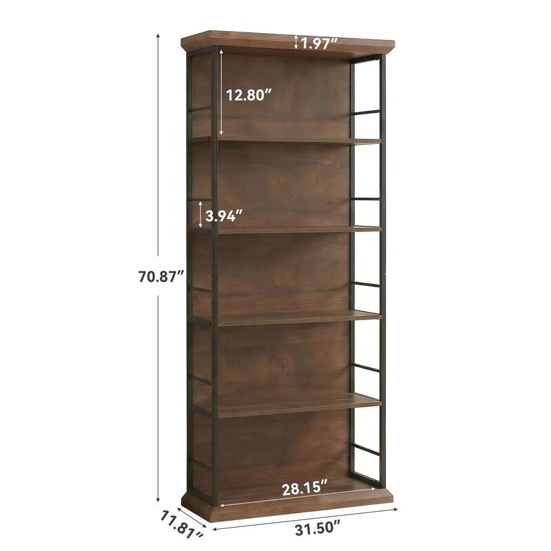 70.86" H 5-Tier Modern Bookcase | Wood & Metal Storage Shelf for Living Room & Office