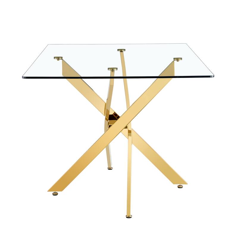 Large Modern Minimalist Rectangular Glass Dining Table with 0.4" Tempered Glass Tabletop and Gold Metal Legs, for 4-6 people