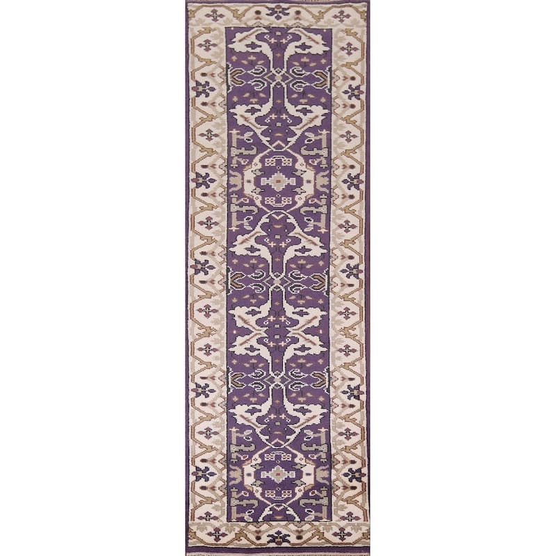 Purple & Ivory Oushak Indian Runner Rug Hand-Knotted Wool Carpet - 2'6"x 9'8"