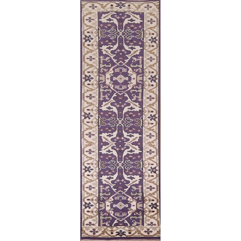Purple & Ivory Oushak Indian Runner Rug Hand-Knotted Wool Carpet - 2'6"x 9'8"