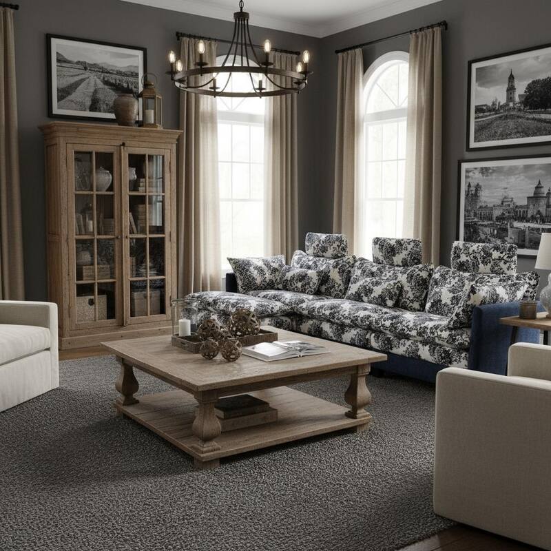 Blue Chenille Sectional Sofa with Floral Fabric, 4-Seater L-Shaped Couch with Adjustable Headrests, Pillows, and Chaise Lounge