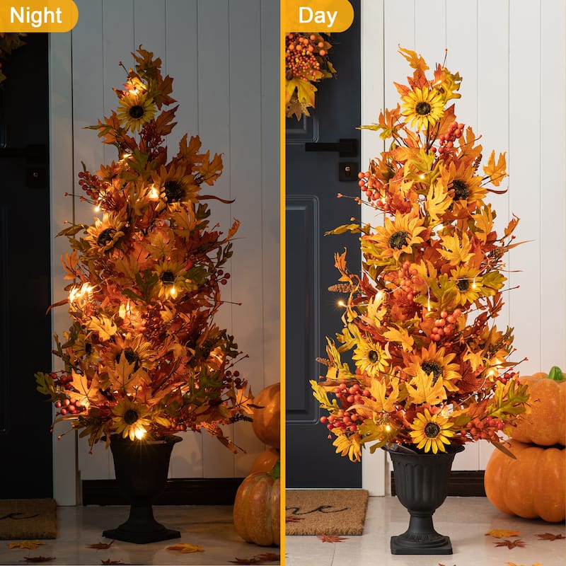 Glitzhome 48"H Fall Lighted Maple Leaf Sunflower Urn Porch Trees with Timer