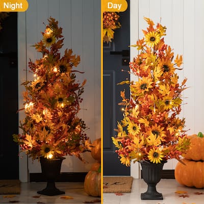 Glitzhome 48"H Fall Lighted Maple Leaf Sunflower Urn Porch Trees with Timer
