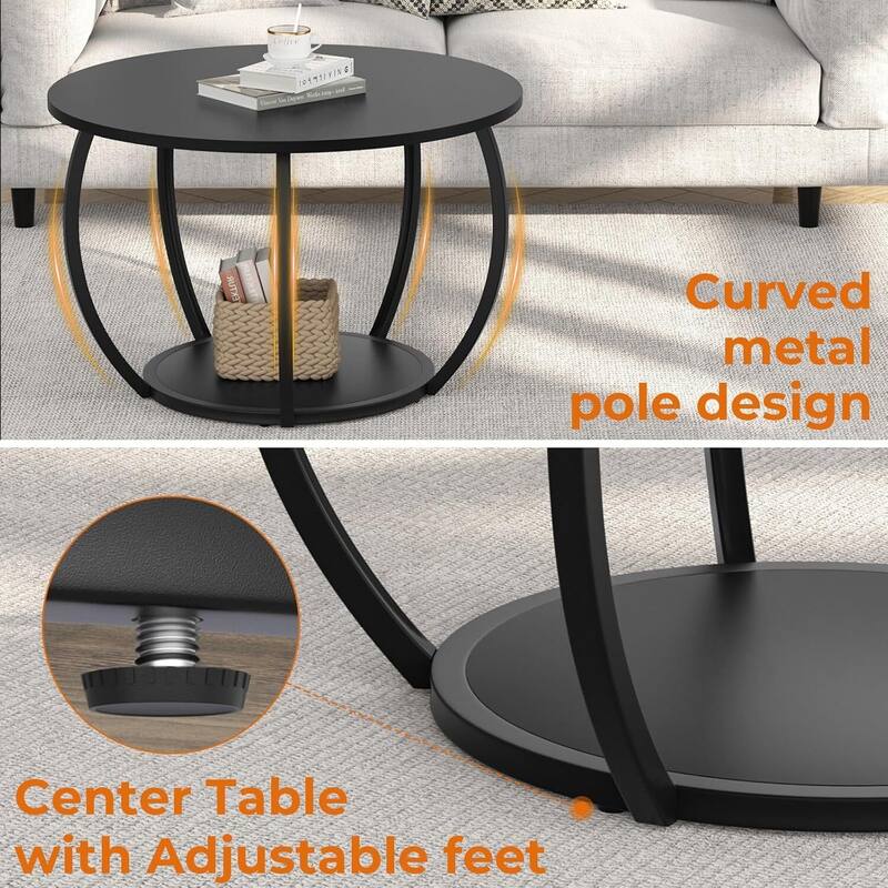 Round Farmhouse Coffee Table w/Storage & Adj. Feet for Small Spaces