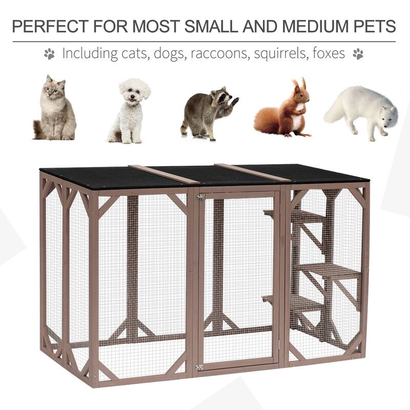 PawHut Wooden Outdoor Cat House Catio Kitten Enclosure Indoor Cage with Asphalt Roof, Multi-Level Platforms and Large Enter Door